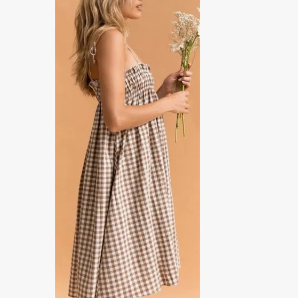 Smocked Gingham Tie-Strap Midi Dress - Beige/Tan - Picture 3 of 16